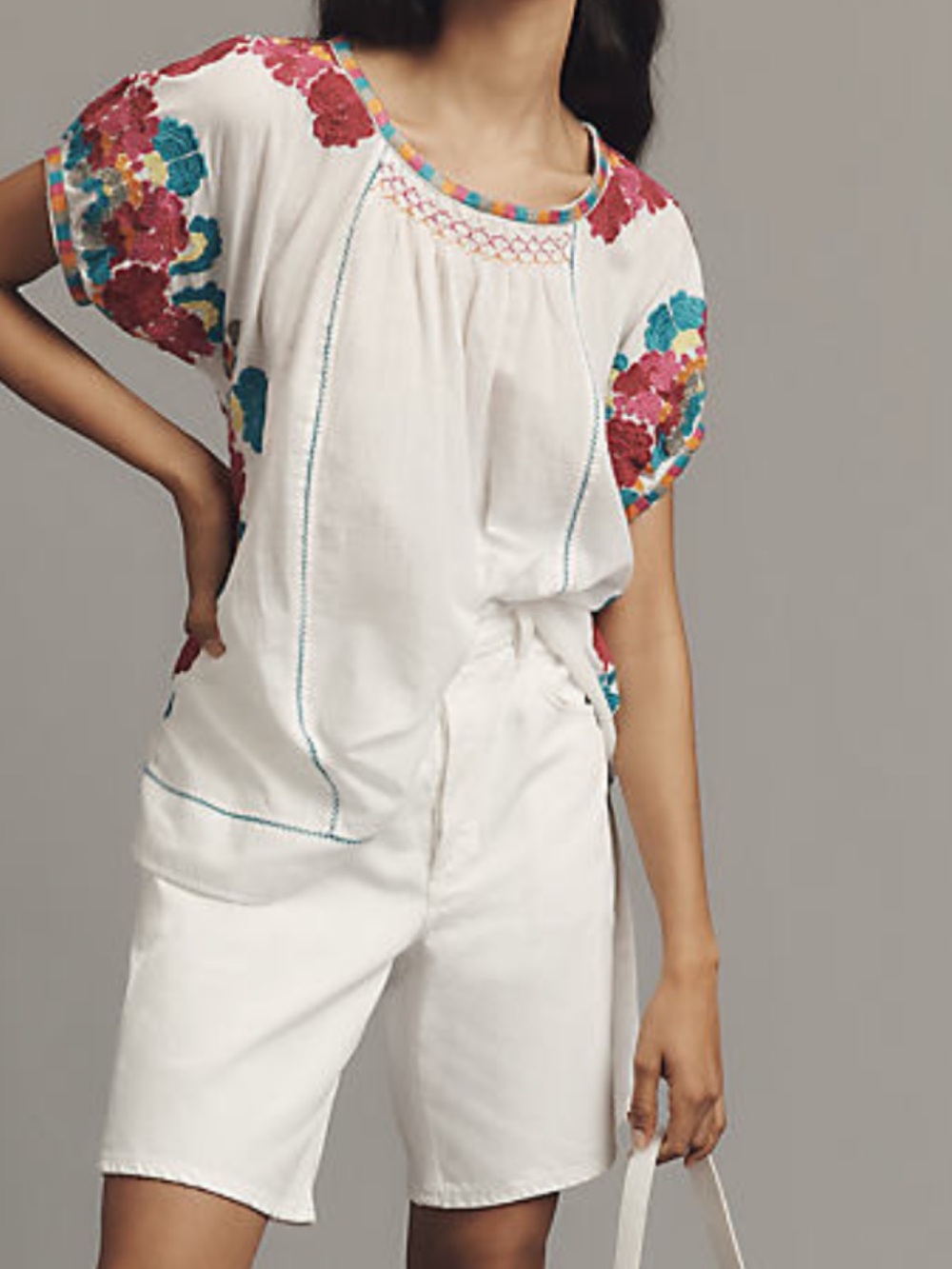Anthropologie White Peasant Blouse with Pink Teal Yellow Floral Embroidery S NWT